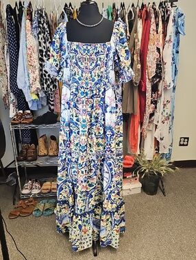 Smocked Square-Neck Maxi Dress in Blue Floral Tile Print